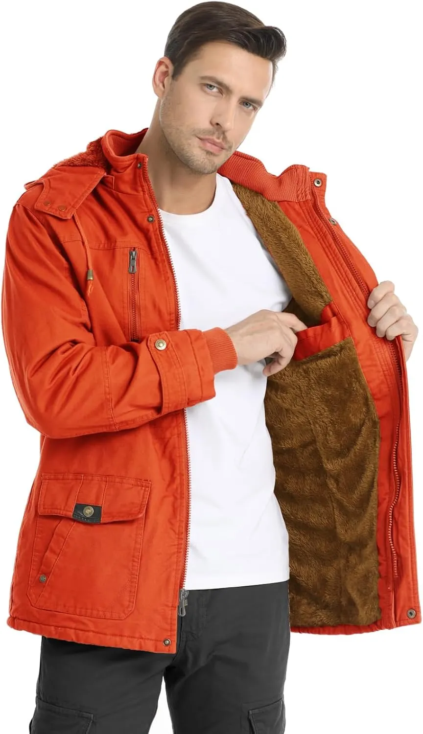 CHEXPEL Men's Thick Winter Jackets with Hood, Fleece Lining, Cotton Military Work Jackets with Cargo Pockets, Outwear