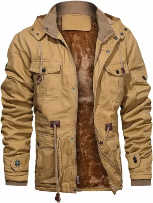 CHEXPEL Men's Thick Winter Jackets with Hood, Fleece Lining, Cotton Military Work Jackets with Cargo Pockets, Outwear