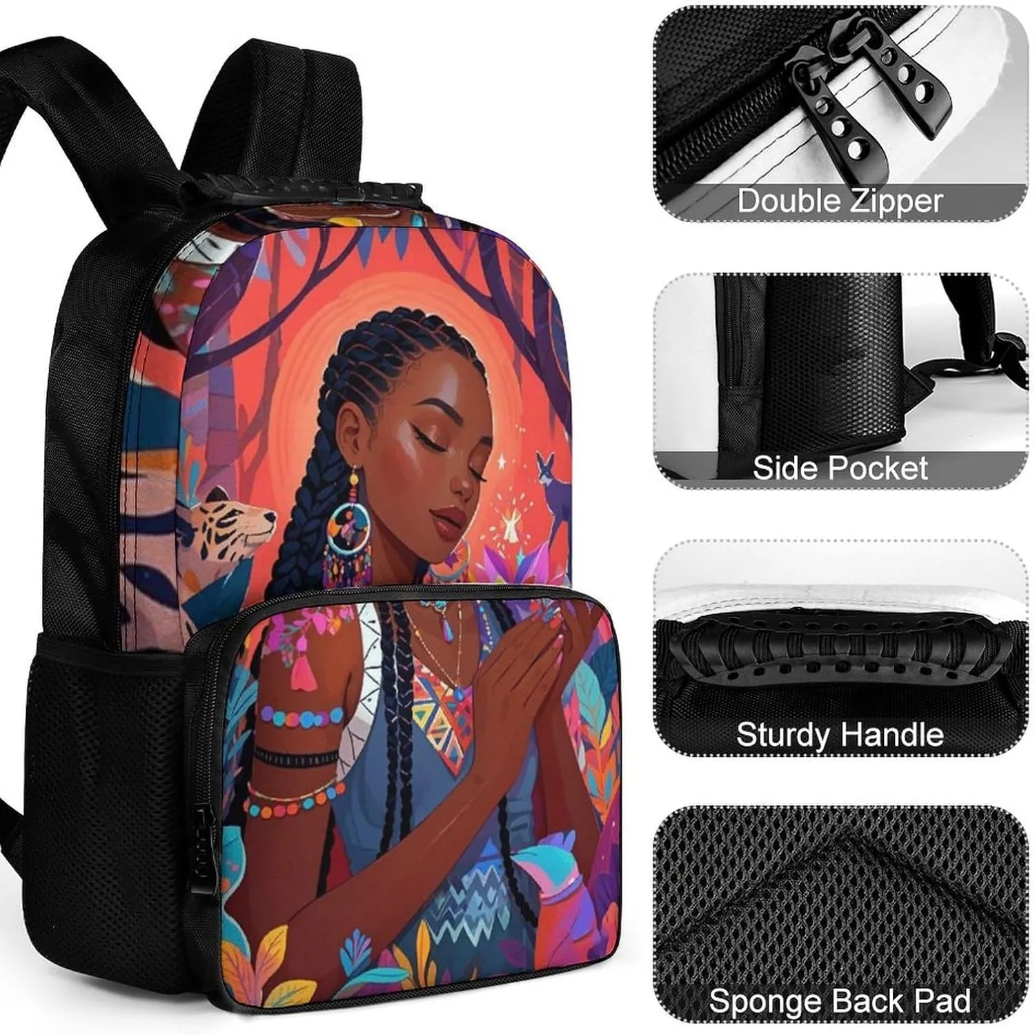 Chic Cartoon Woman African American Black Woman Art Rucksack Polyester Anti-Theft Multipurpose Bookbag Big Capacity Travel and Sport Backpack Rucksack With Side Pockets
