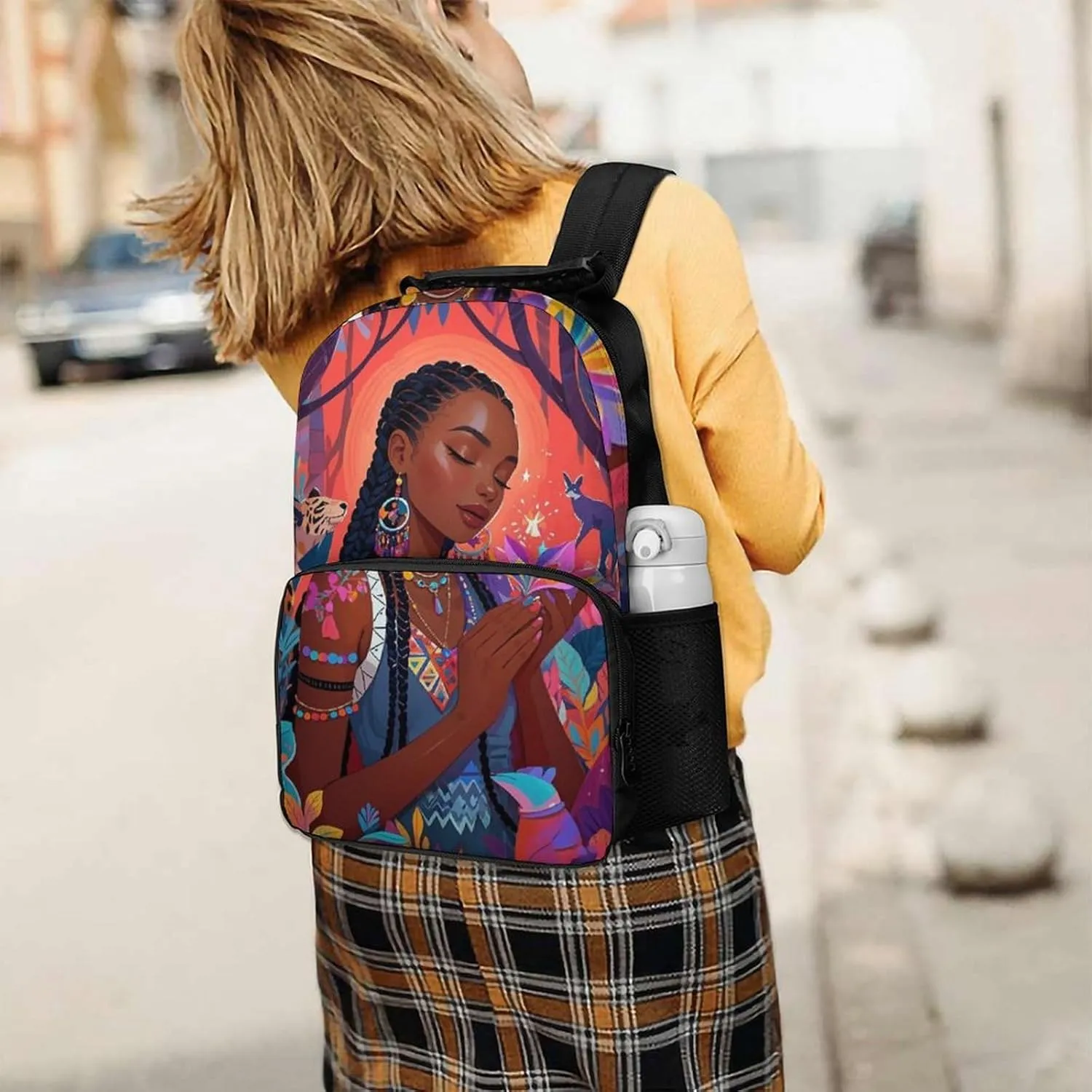 Chic Cartoon Woman African American Black Woman Art Rucksack Polyester Anti-Theft Multipurpose Bookbag Big Capacity Travel and Sport Backpack Rucksack With Side Pockets