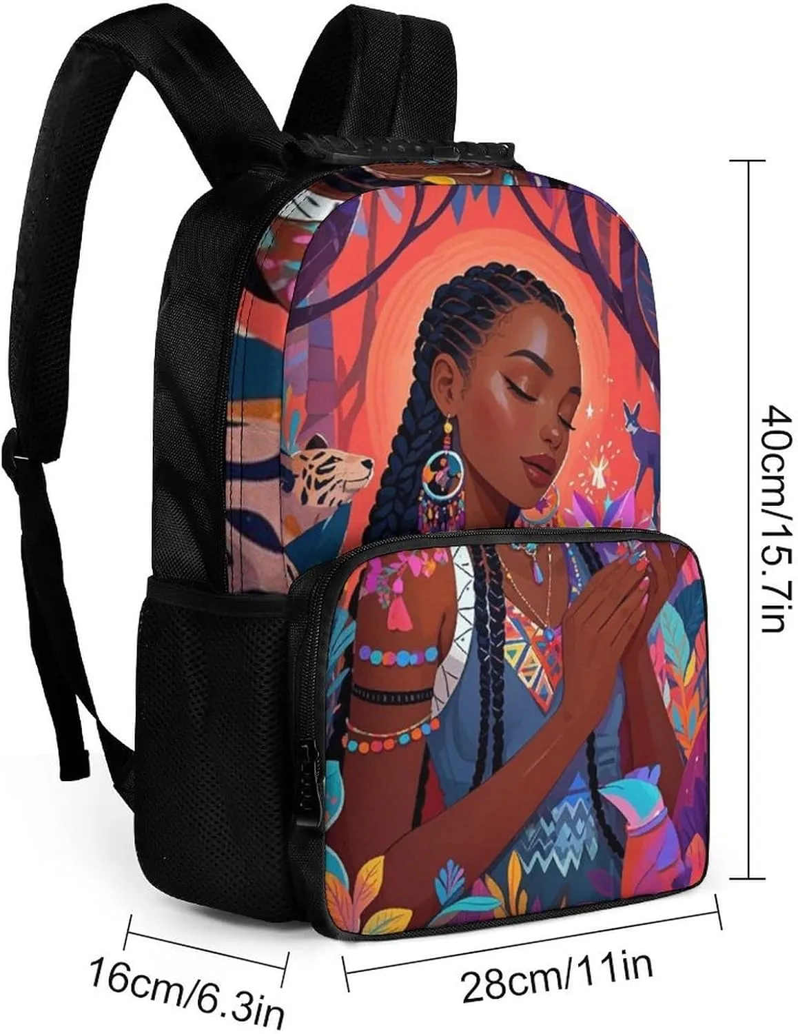 Chic Cartoon Woman African American Black Woman Art Rucksack Polyester Anti-Theft Multipurpose Bookbag Big Capacity Travel and Sport Backpack Rucksack With Side Pockets