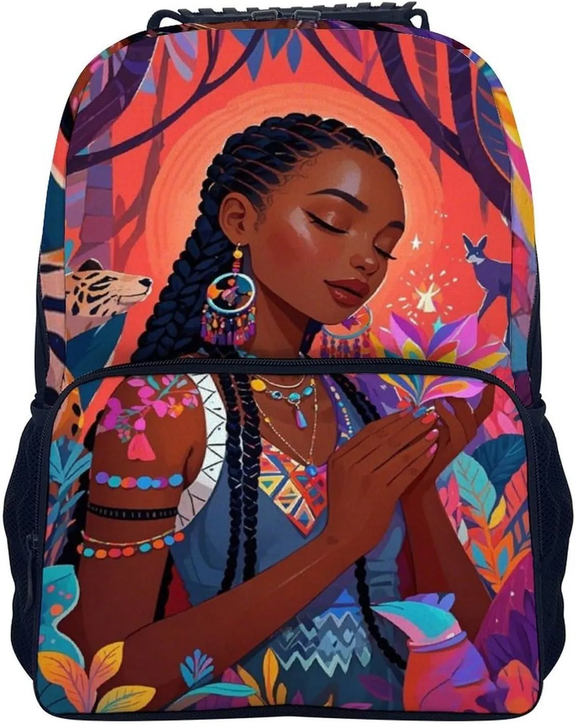 Chic Cartoon Woman African American Black Woman Art Rucksack Polyester Anti-Theft Multipurpose Bookbag Big Capacity Travel and Sport Backpack Rucksack With Side Pockets