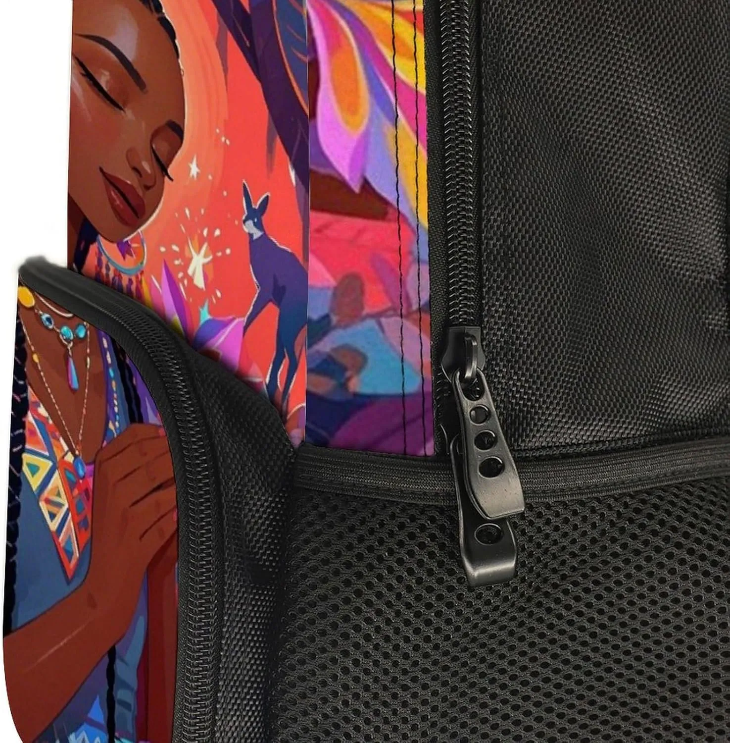 Chic Cartoon Woman African American Black Woman Art Rucksack Polyester Anti-Theft Multipurpose Bookbag Big Capacity Travel and Sport Backpack Rucksack With Side Pockets