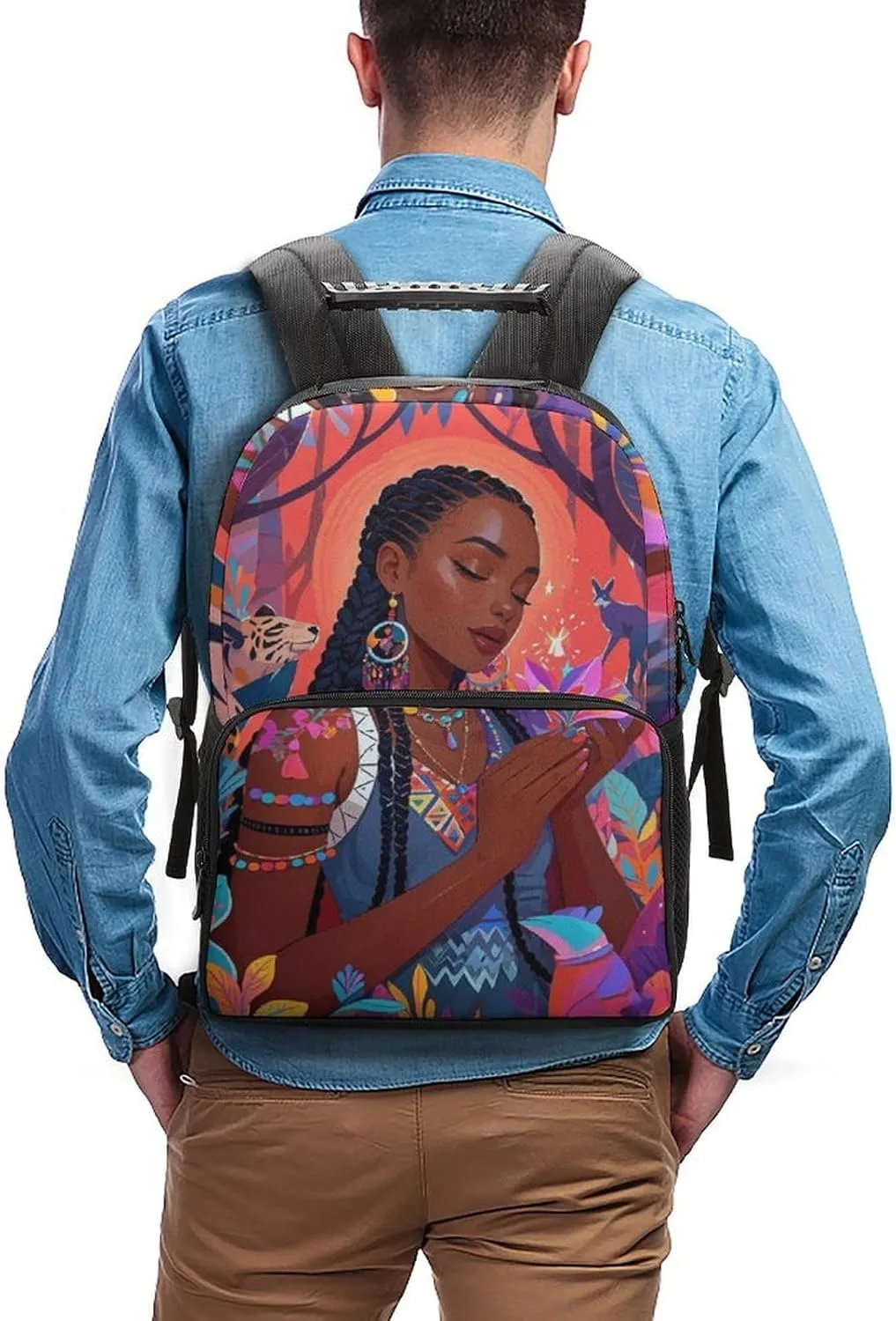 Chic Cartoon Woman African American Black Woman Art Rucksack Polyester Anti-Theft Multipurpose Bookbag Big Capacity Travel and Sport Backpack Rucksack With Side Pockets