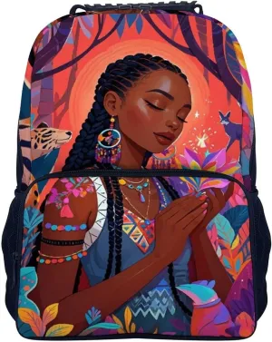 Chic Cartoon Woman African American Black Woman Art Rucksack Polyester Anti-Theft Multipurpose Bookbag Big Capacity Travel and Sport Backpack Rucksack With Side Pockets