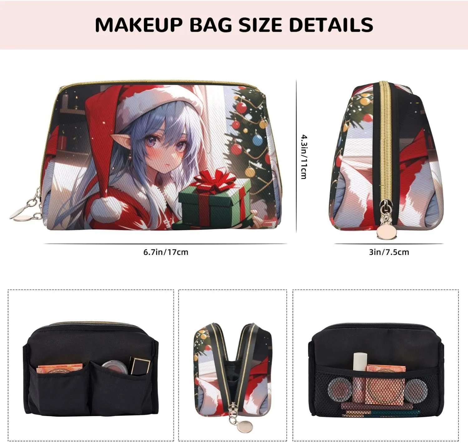 Christmas Santa Gnome Printed Small Makeup Bag,Travel Cosmetic Bag Purse with Zipper,Water-resistant Makeup Organizer Bag for Women