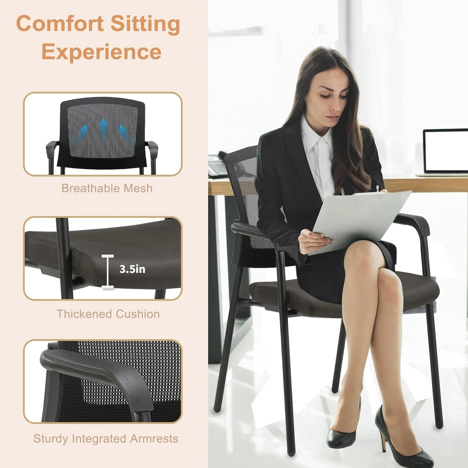 CLATINA Office Reception Guest Chair Mesh Back Stacking with Ergonomic Lumbar Support and Thickened Seat Cushion for Waiting Conference Room Black