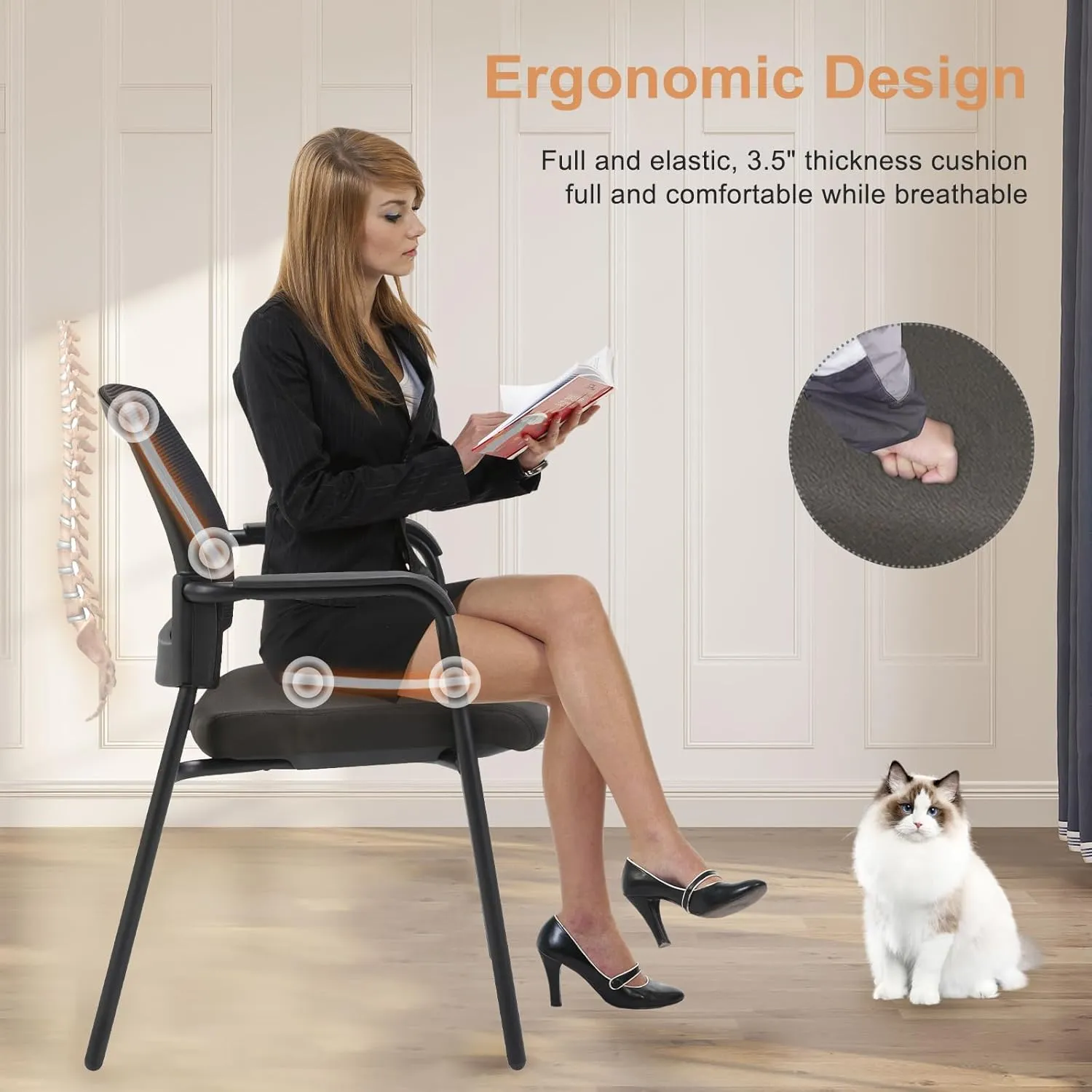 CLATINA Office Reception Guest Chair Mesh Back Stacking with Ergonomic Lumbar Support and Thickened Seat Cushion for Waiting Conference Room Black