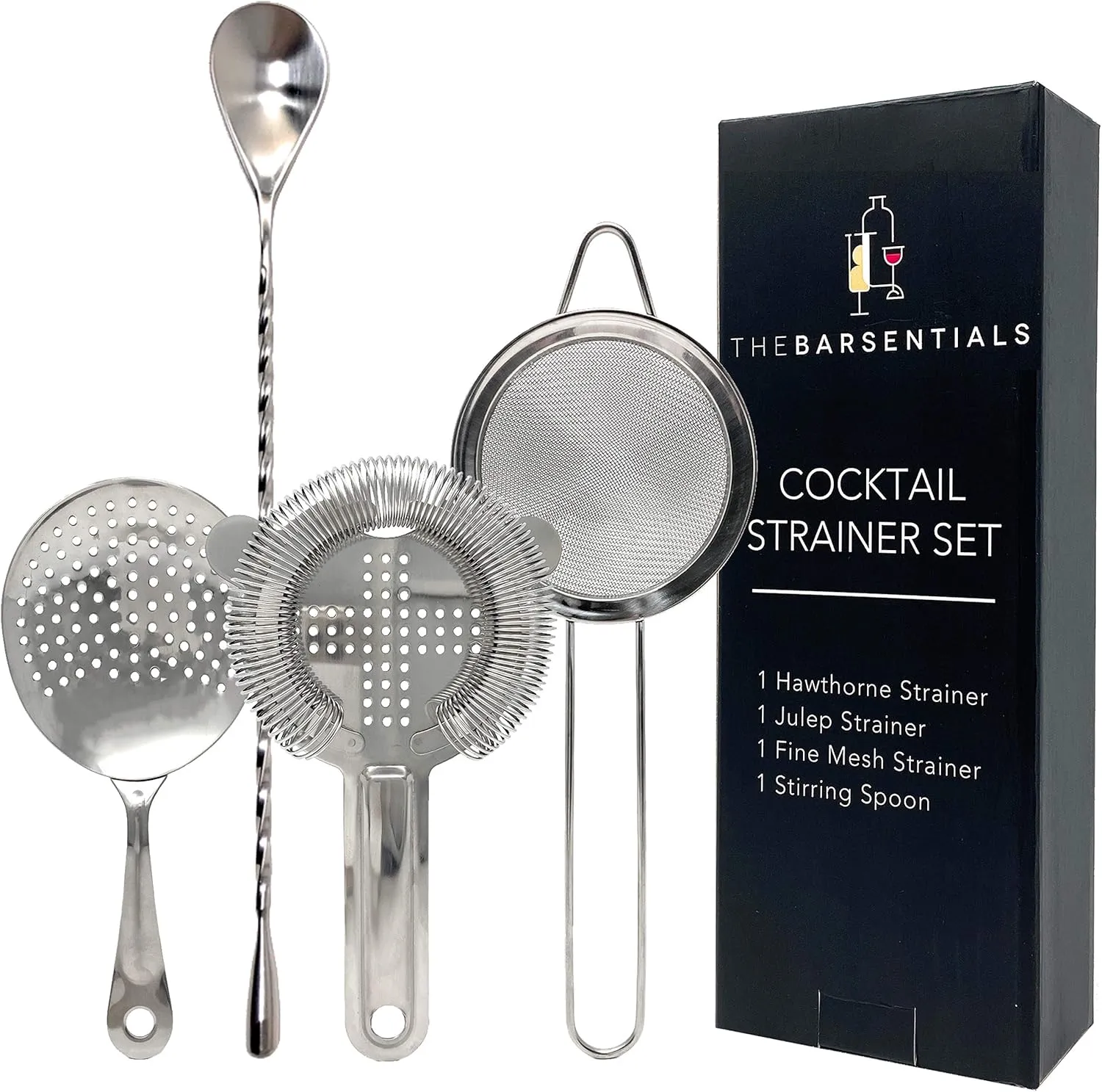 Cocktail Strainer Set Stainless Steel Bar Tools with Stirring Spoon - Hawthorne, Julep, & Fine-Mesh Sifter for Drinks