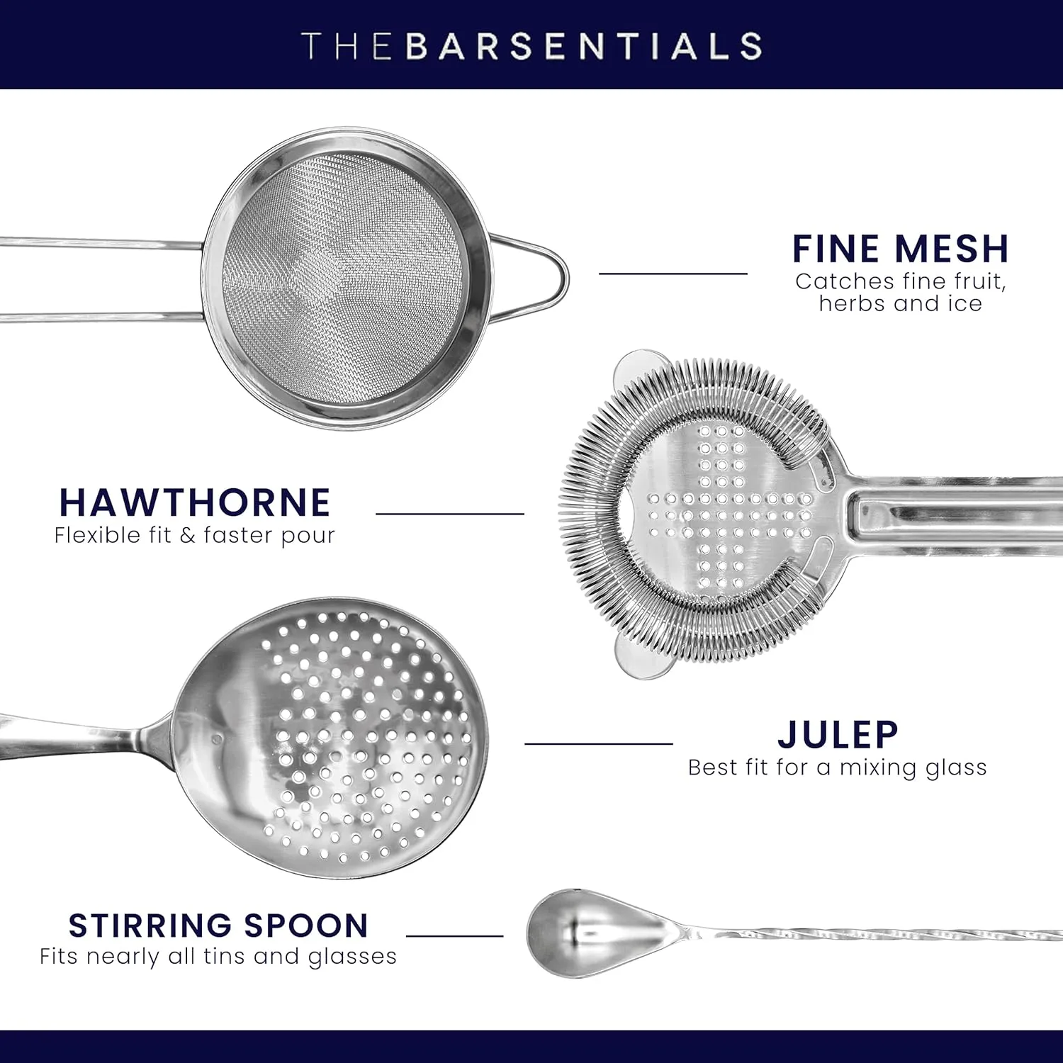 Cocktail Strainer Set Stainless Steel Bar Tools with Stirring Spoon - Hawthorne, Julep, & Fine-Mesh Sifter for Drinks