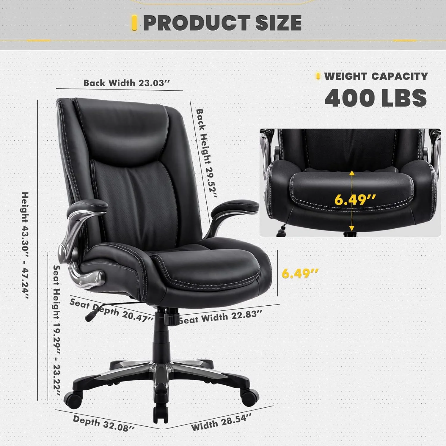 COLAMY Big and Tall Office Chair 400lbs, Large Heavy Duty High Back Executive Computer Office Desk Chair Flip-up Arms Wide Thick Seat for Home Office - Black