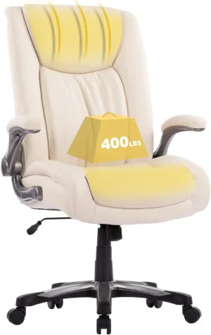 COLAMY Big and Tall Office Chair 400lbs, Large Heavy Duty High Back Executive Computer Office Desk Chair Flip-up Arms Wide Thick Seat for Home Office, Ivory