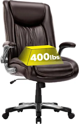 COLAMY Big Tall Office Chair 400lbs, Large Heavy Duty High Back Executive Desk Chair Flip-up Arms Wide Thick Seat for Home Office, Brown