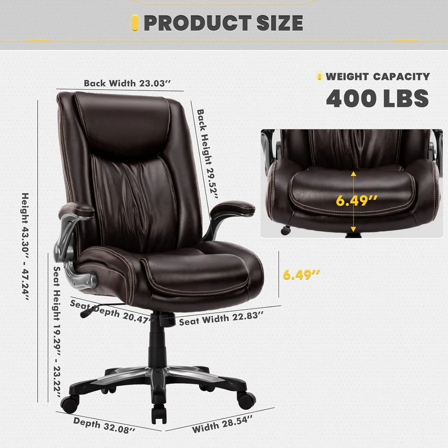 COLAMY Big Tall Office Chair 400lbs, Large Heavy Duty High Back Executive Desk Chair Flip-up Arms Wide Thick Seat for Home Office, Brown