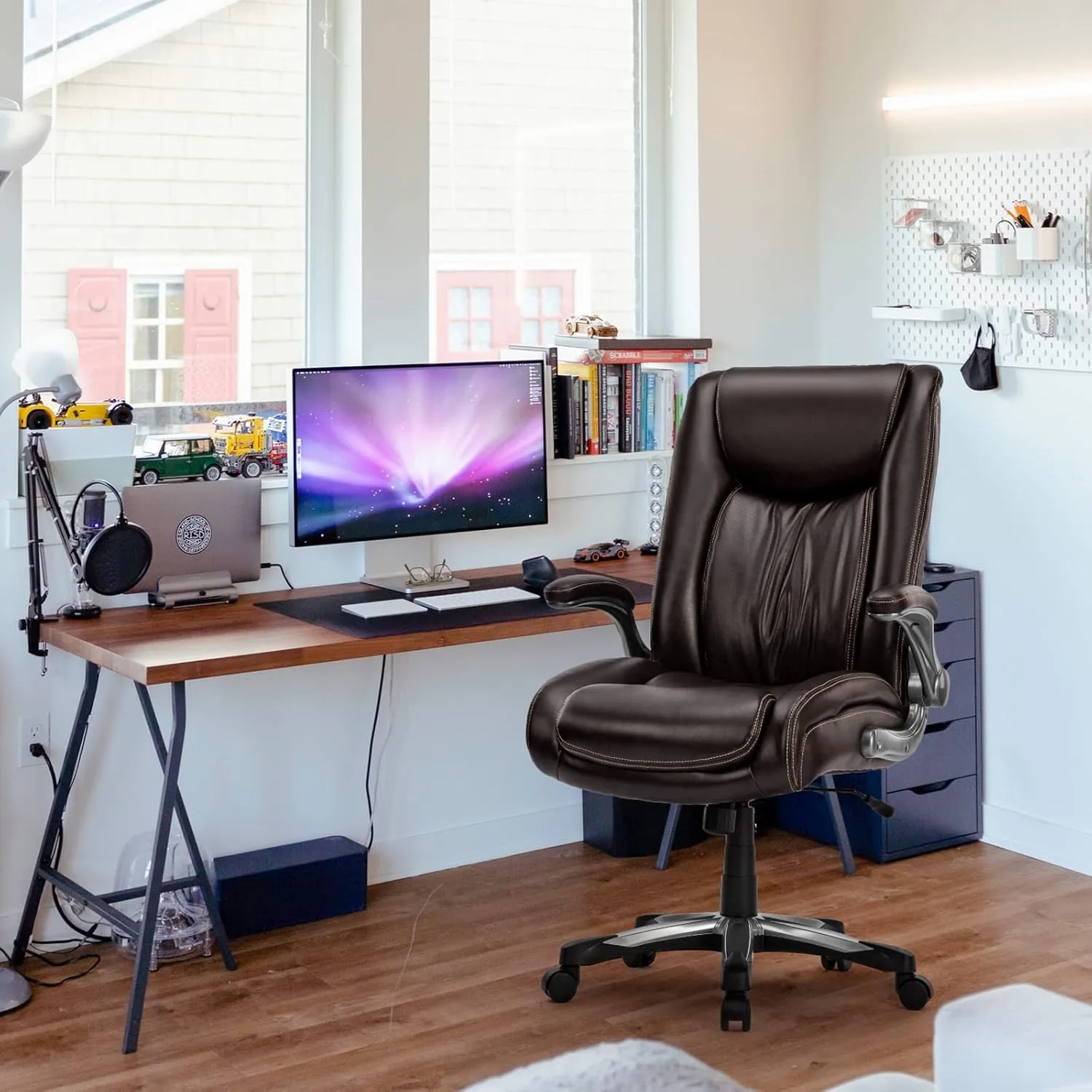 COLAMY Big Tall Office Chair 400lbs, Large Heavy Duty High Back Executive Desk Chair Flip-up Arms Wide Thick Seat for Home Office, Brown
