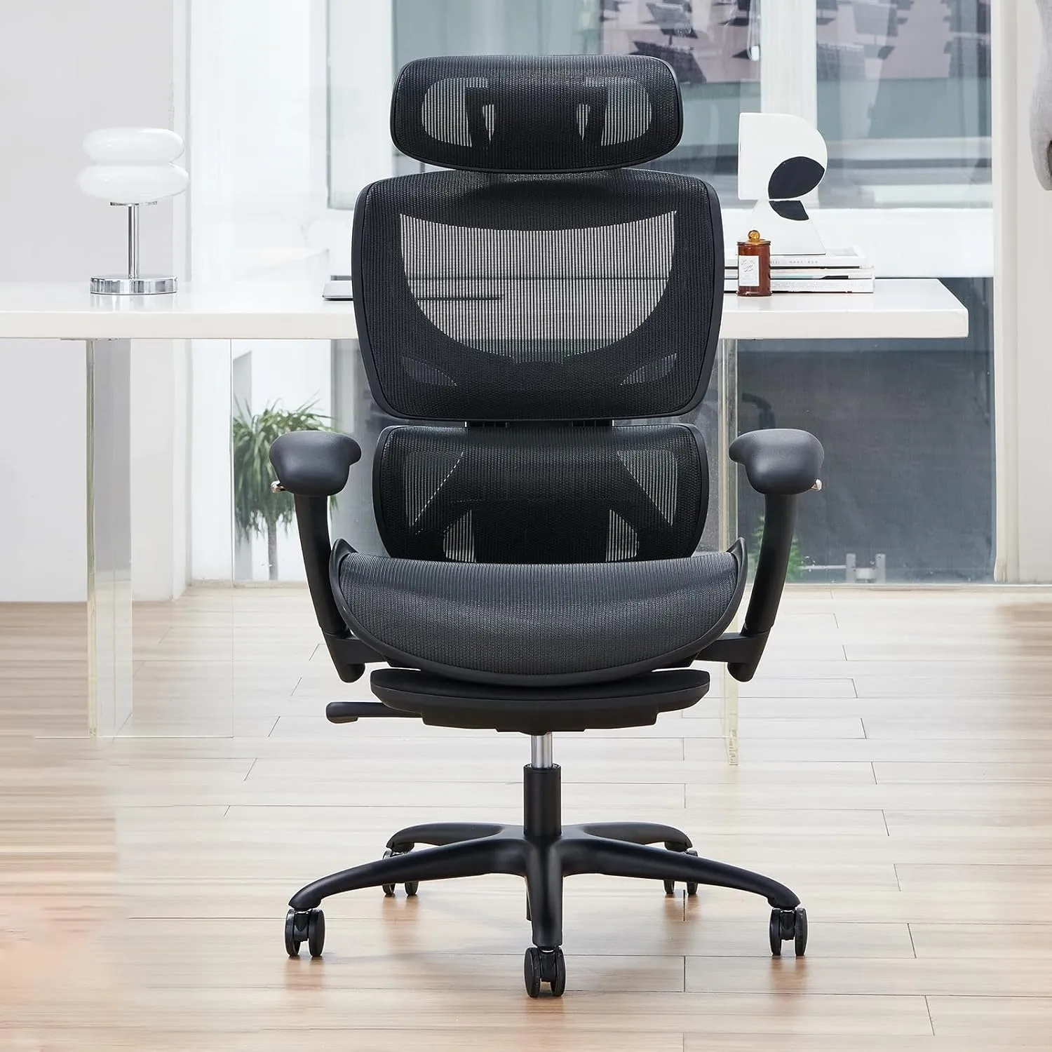 COLAMY Ergonomic Mesh Office Chair with Footrest, Executive High Back Computer Desk Chair with Wide Headrest and Adjustable 3D Arms, Backrest, Tilt Lock and Lumbar Support(Black)