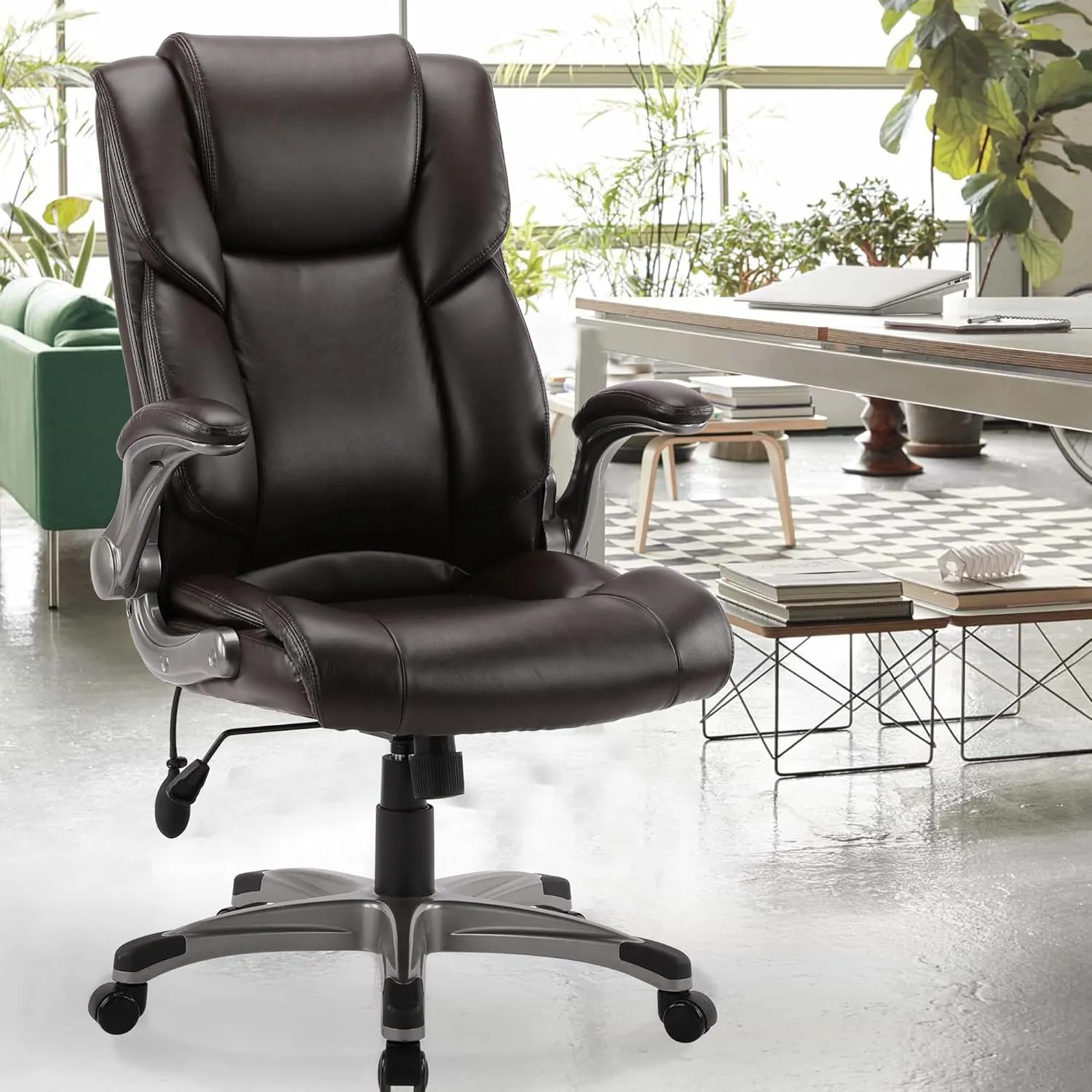 COLAMY High Back Executive Office Chair- Ergonomic Home Computer Desk Leather Chair with Padded Flip-up Arms, Adjustable Tilt Lock, Swivel Rolling Chair for Adult Working Study-Brown