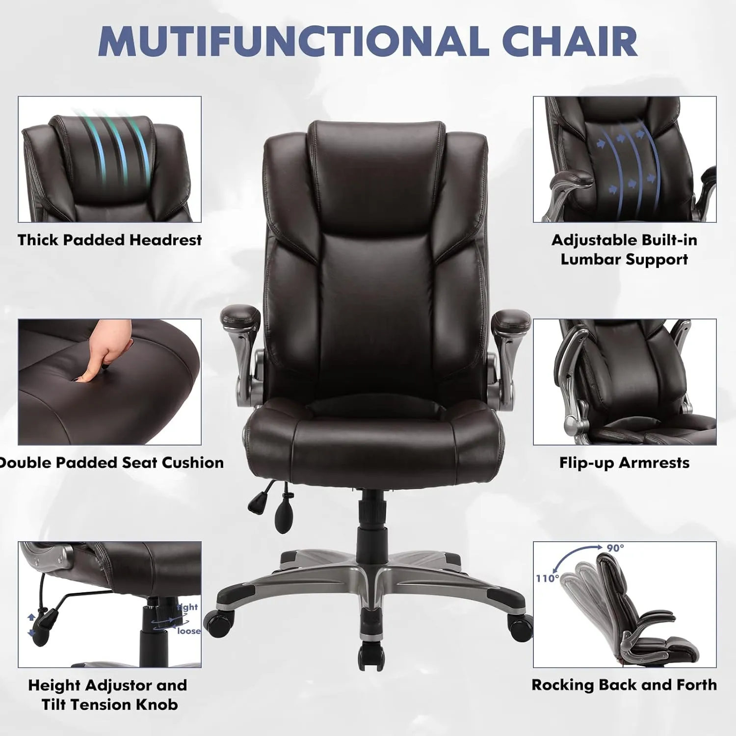 COLAMY High Back Executive Office Chair- Ergonomic Home Computer Desk Leather Chair with Padded Flip-up Arms, Adjustable Tilt Lock, Swivel Rolling Chair for Adult Working Study-Brown