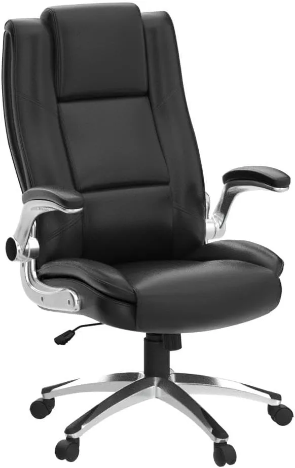COLAMY High Back Executive Office Chair- Ergonomic Home Computer Desk Leather Chair with Padded Flip-up Arms, Adjustable Tilt Lock, Swivel Rolling Chair for Adult Working Study-Brown