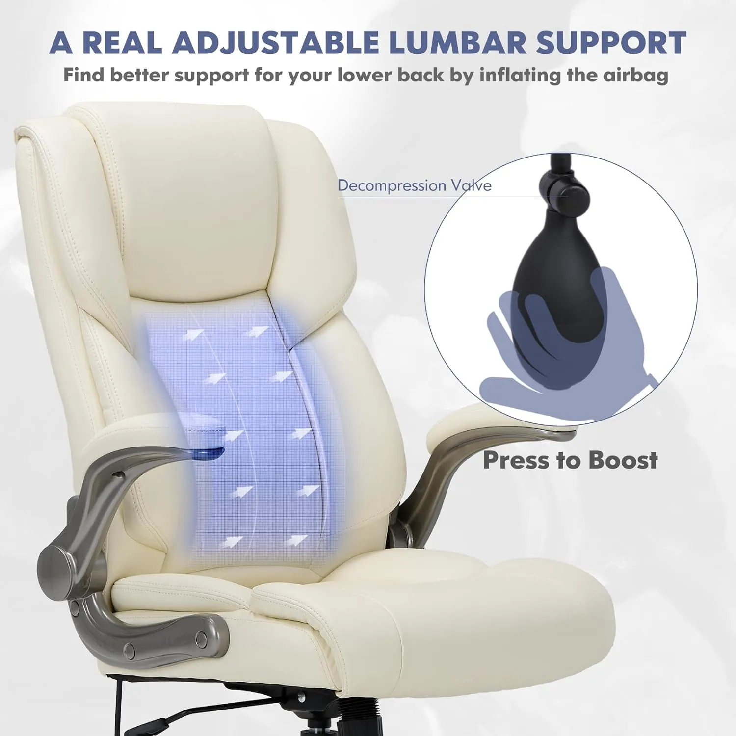 COLAMY High Back Executive Office Chair- Ergonomic Home Computer Desk Leather Chair with Padded Flip-up Arms, Adjustable Tilt Lock, Swivel Rolling Chair for Adult Working Study-Ivory