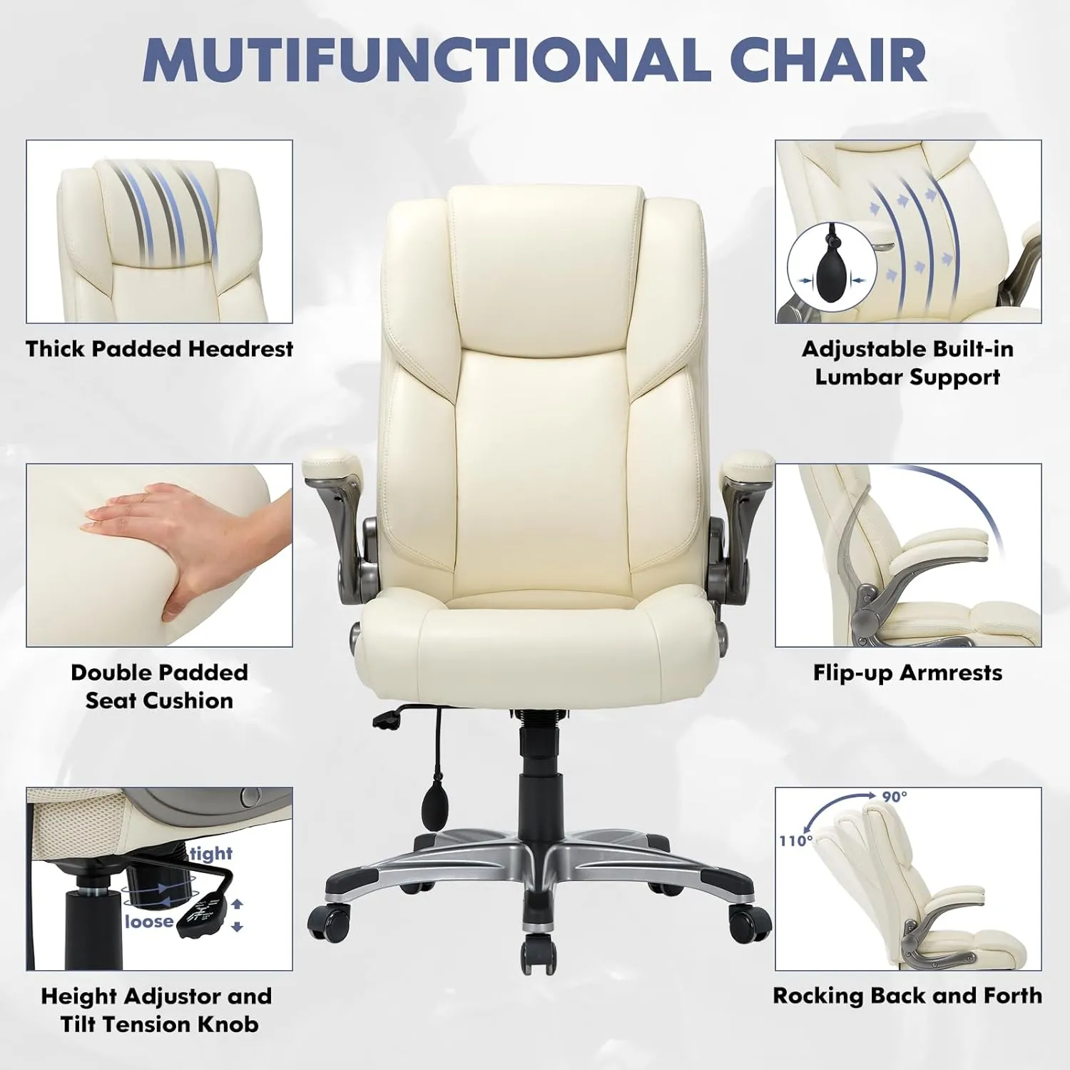 COLAMY High Back Executive Office Chair- Ergonomic Home Computer Desk Leather Chair with Padded Flip-up Arms, Adjustable Tilt Lock, Swivel Rolling Chair for Adult Working Study-Ivory
