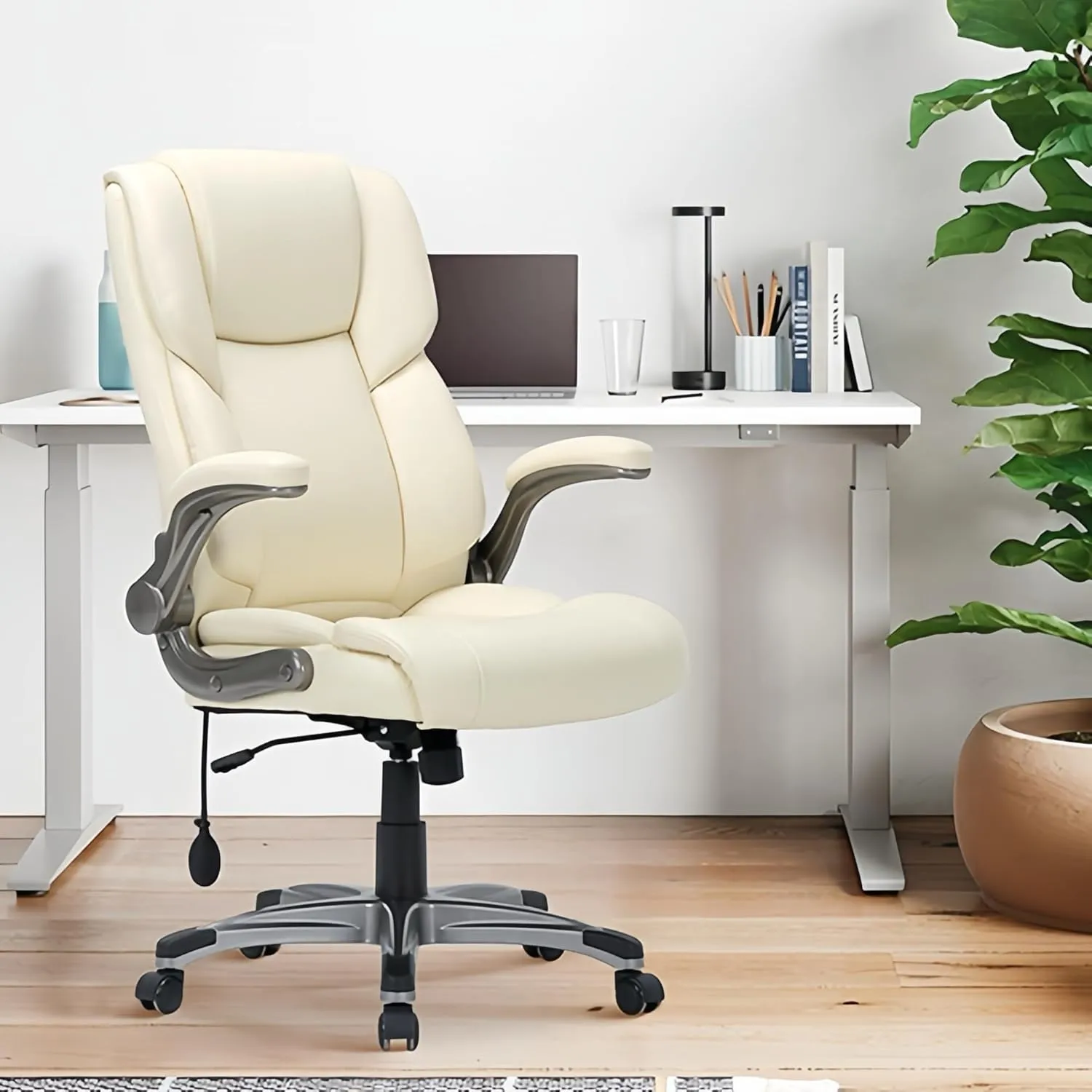 COLAMY High Back Executive Office Chair- Ergonomic Home Computer Desk Leather Chair with Padded Flip-up Arms, Adjustable Tilt Lock, Swivel Rolling Chair for Adult Working Study-Ivory
