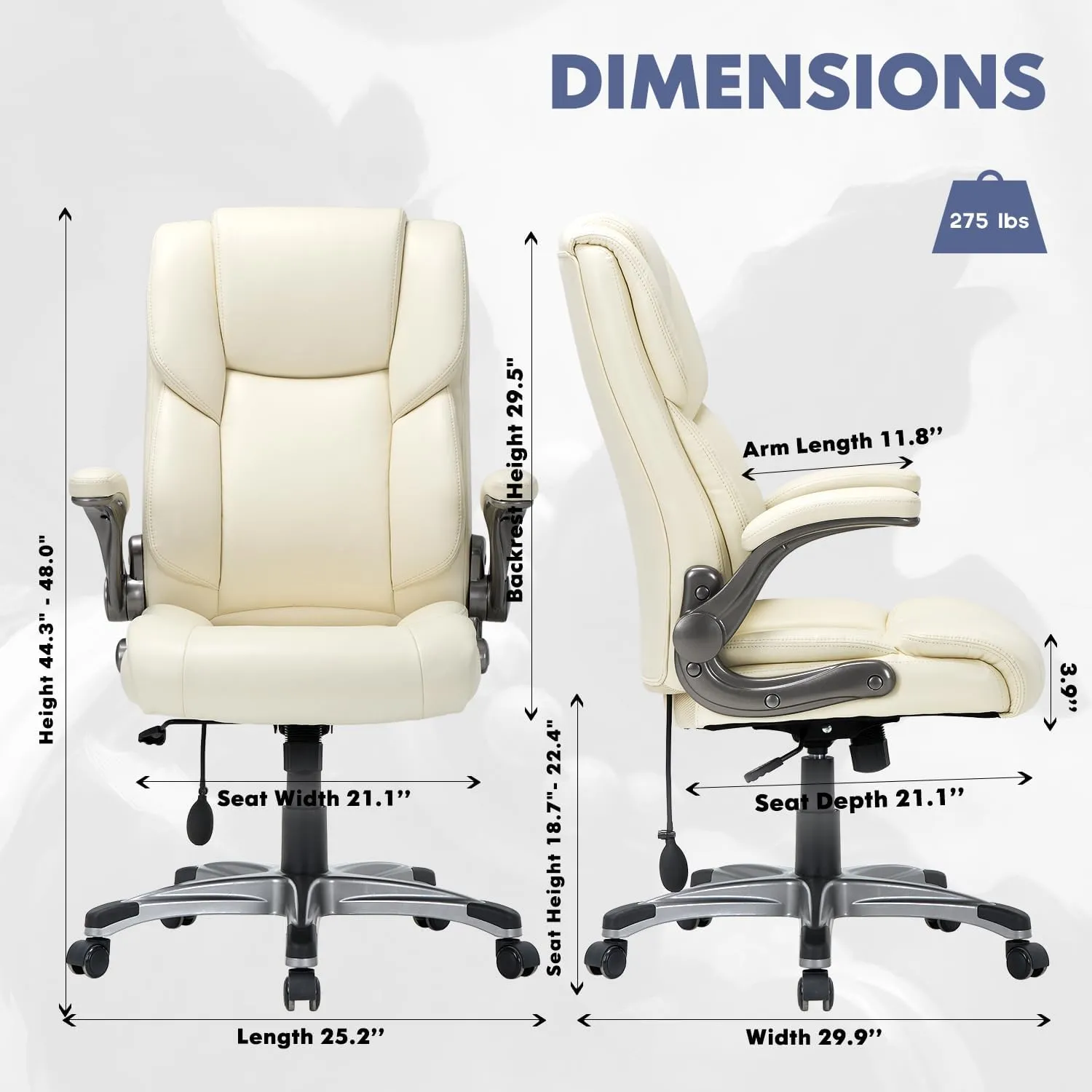 COLAMY High Back Executive Office Chair- Ergonomic Home Computer Desk Leather Chair with Padded Flip-up Arms, Adjustable Tilt Lock, Swivel Rolling Chair for Adult Working Study-Ivory