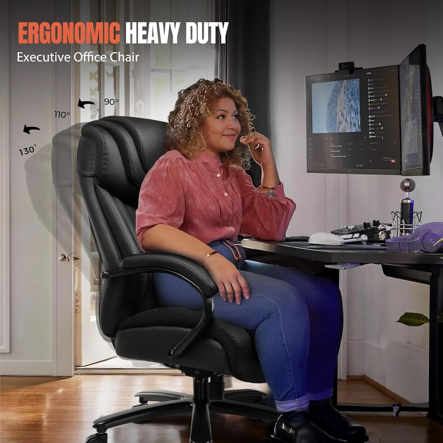COMHOMA Big and Tall Office Chair 650lbs Ergonomic Computer Chair 6 Gear Adjustable Headrest Swivel Rocking Home Office Desk Chairs Leather High Back Executive Office Chairs with Thickened Armrests