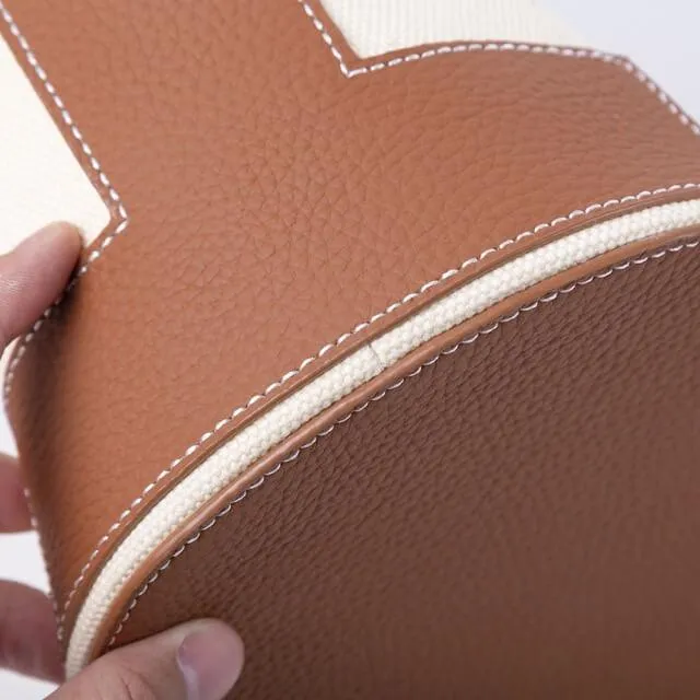 Commuter Tote Bag | Crossbody Bag | Shoulder Bucket Bag in Leather & Canvas _ Brown