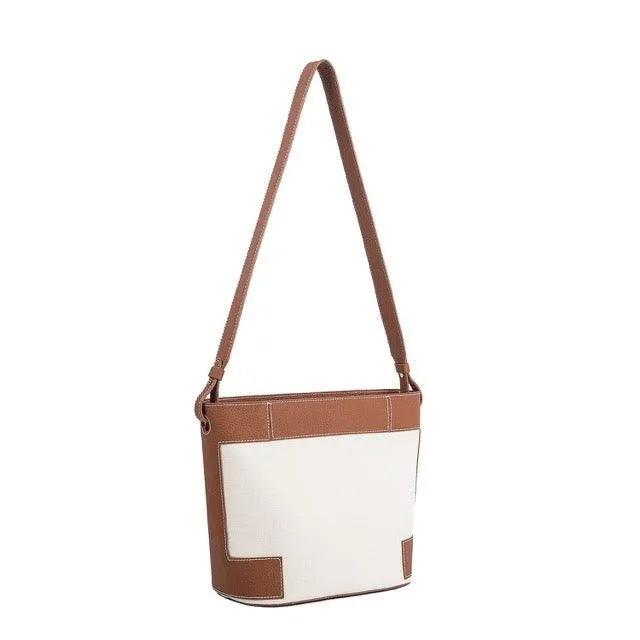 Commuter Tote Bag | Crossbody Bag | Shoulder Bucket Bag in Leather & Canvas _ Brown