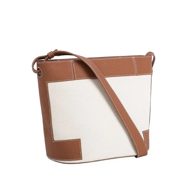 Commuter Tote Bag | Crossbody Bag | Shoulder Bucket Bag in Leather & Canvas _ Brown
