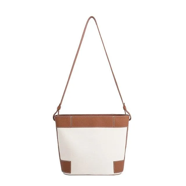 Commuter Tote Bag | Crossbody Bag | Shoulder Bucket Bag in Leather & Canvas _ Brown