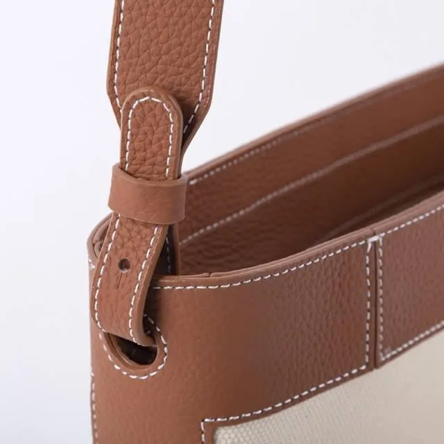 Commuter Tote Bag | Crossbody Bag | Shoulder Bucket Bag in Leather & Canvas _ Brown