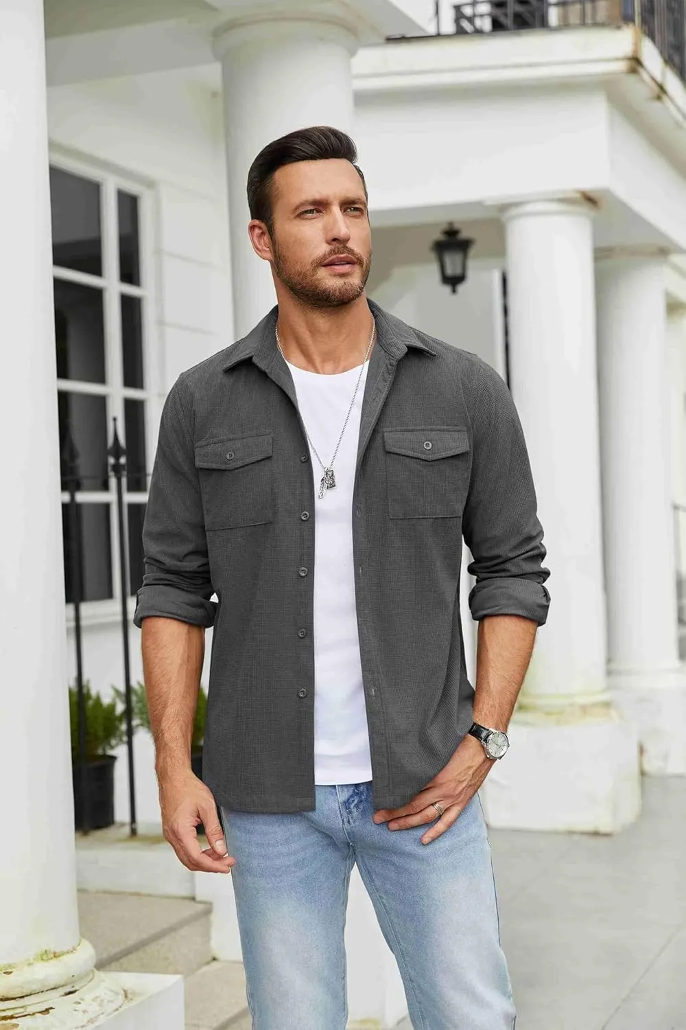COOFANDY Men's Button Down Waffle Shirt Jacket Casual Long Sleeve Shacket Lightweight Overshirts with Flap Pockets