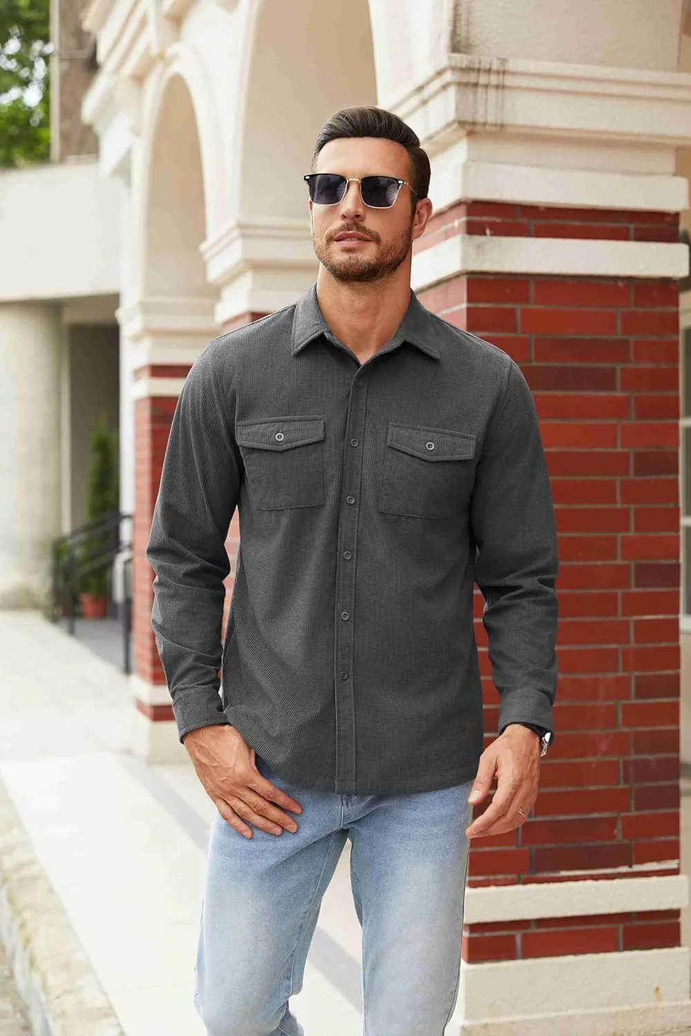 COOFANDY Men's Button Down Waffle Shirt Jacket Casual Long Sleeve Shacket Lightweight Overshirts with Flap Pockets