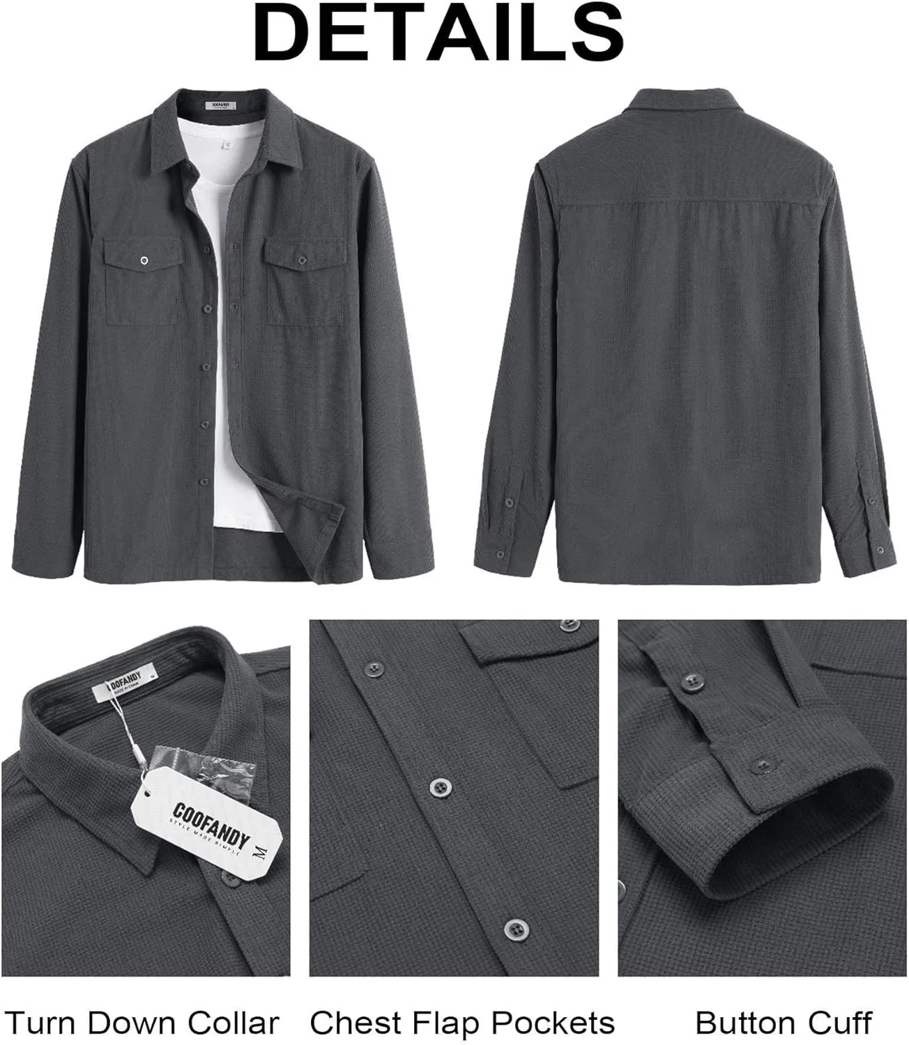 COOFANDY Men's Button Down Waffle Shirt Jacket Casual Long Sleeve Shacket Lightweight Overshirts with Flap Pockets