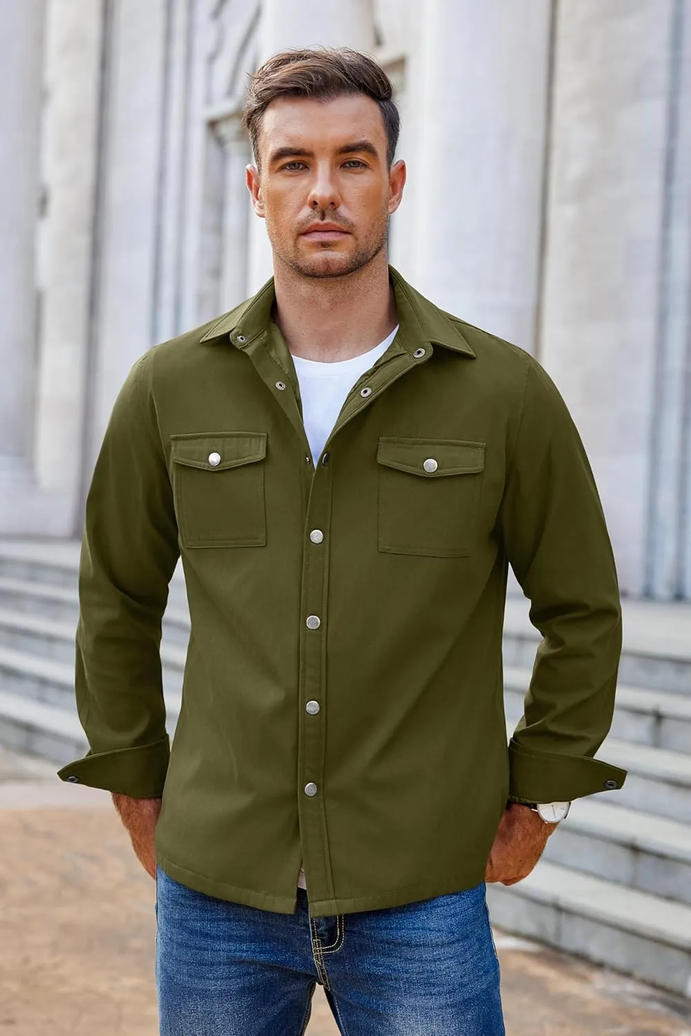 COOFANDY Men's Casual Lightweight Shirt Jacket Work Shacket Jackets Military Button Down Overshirt With Flap Pockets