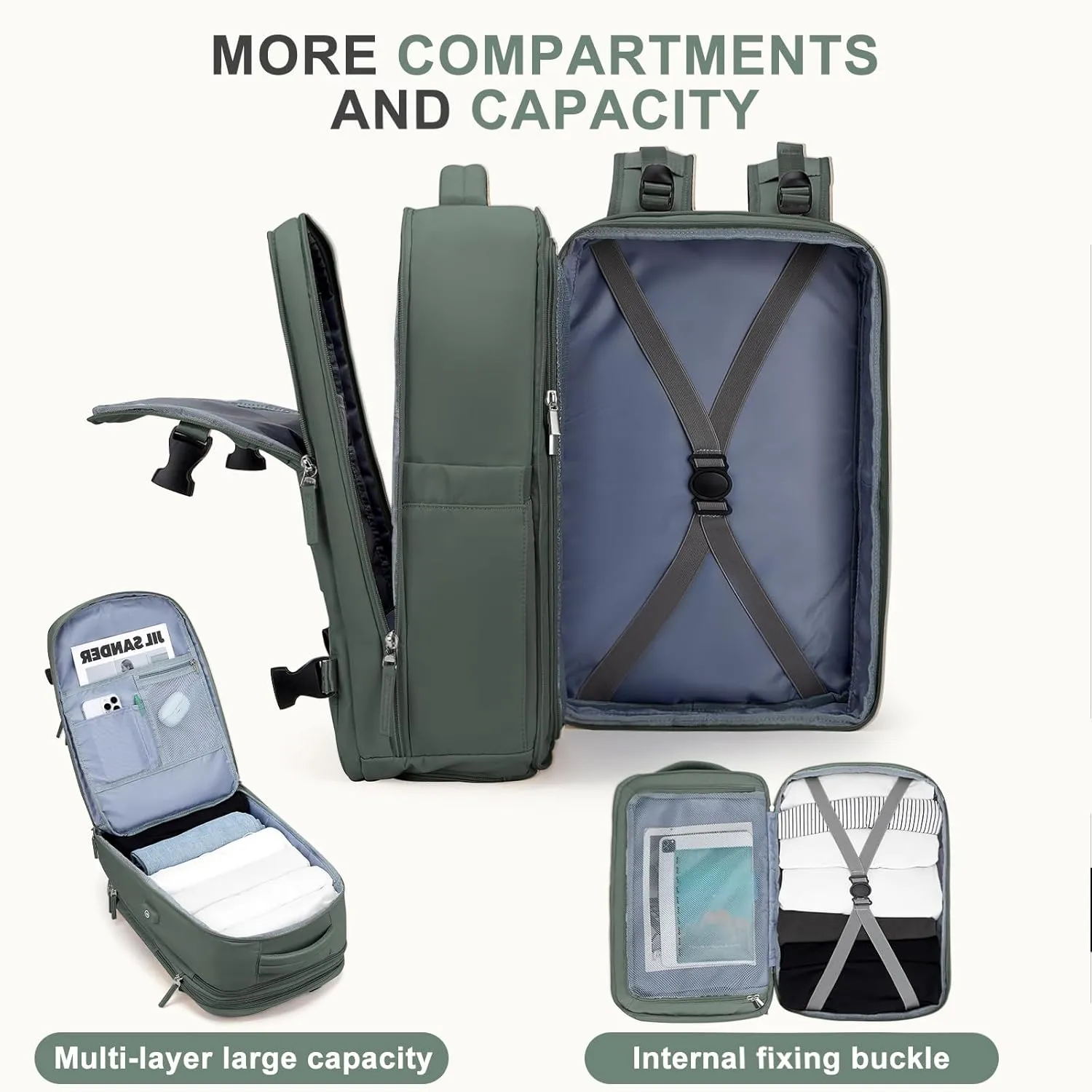 coowoz Large Travel Backpack For Women Men, Carry On Backpack,Hiking Backpack Waterproof Outdoor Sports Rucksack Casual Daypack Expandable Heavy Duty Extra large Backpack Olive Green EX