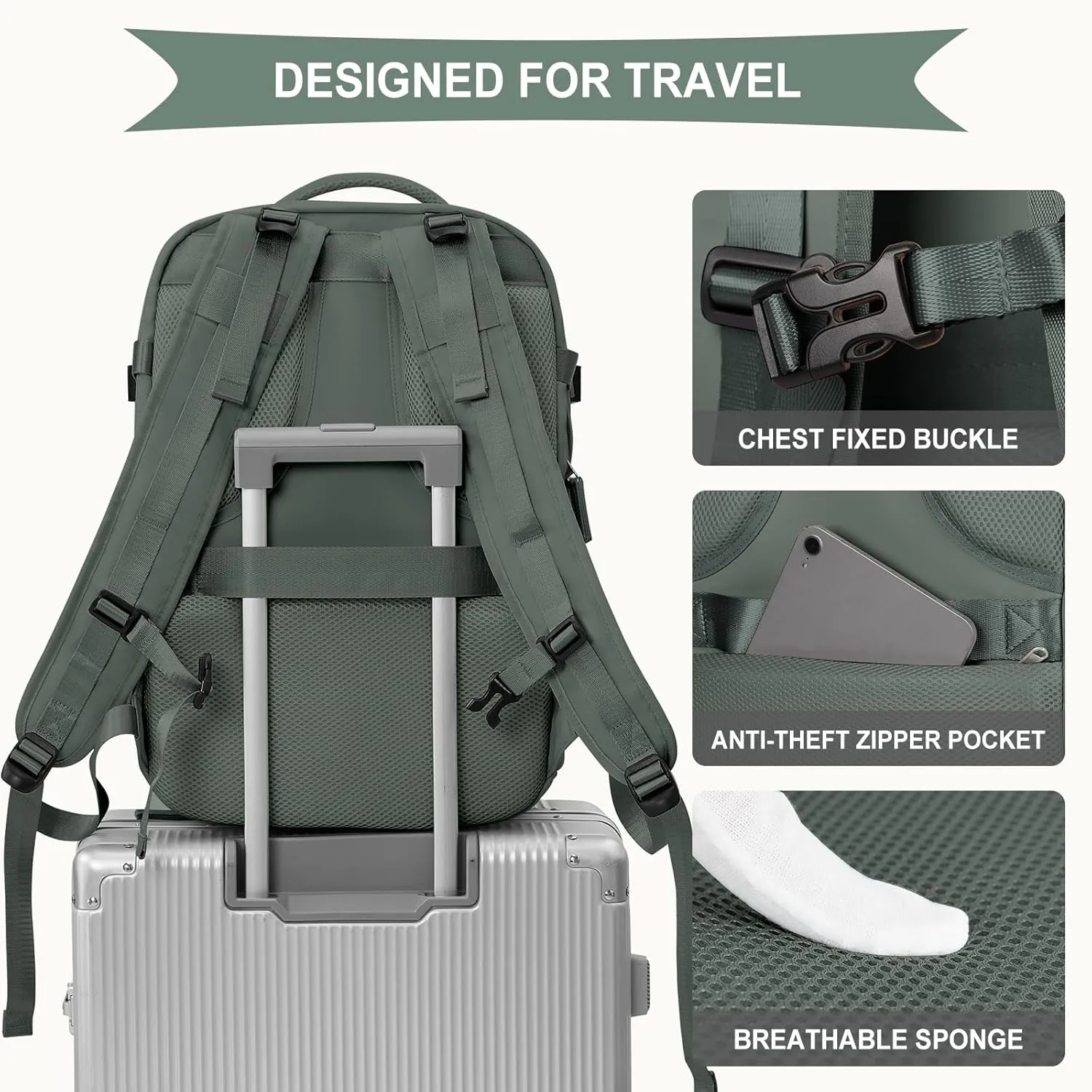 coowoz Large Travel Backpack For Women Men, Carry On Backpack,Hiking Backpack Waterproof Outdoor Sports Rucksack Casual Daypack Expandable Heavy Duty Extra large Backpack Olive Green EX