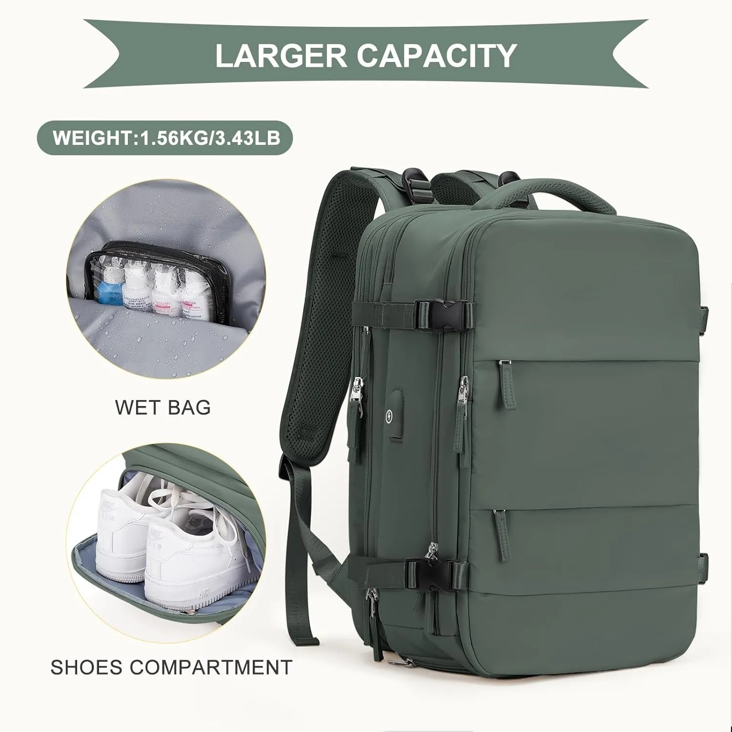 coowoz Large Travel Backpack For Women Men, Carry On Backpack,Hiking Backpack Waterproof Outdoor Sports Rucksack Casual Daypack Expandable Heavy Duty Extra large Backpack Olive Green EX