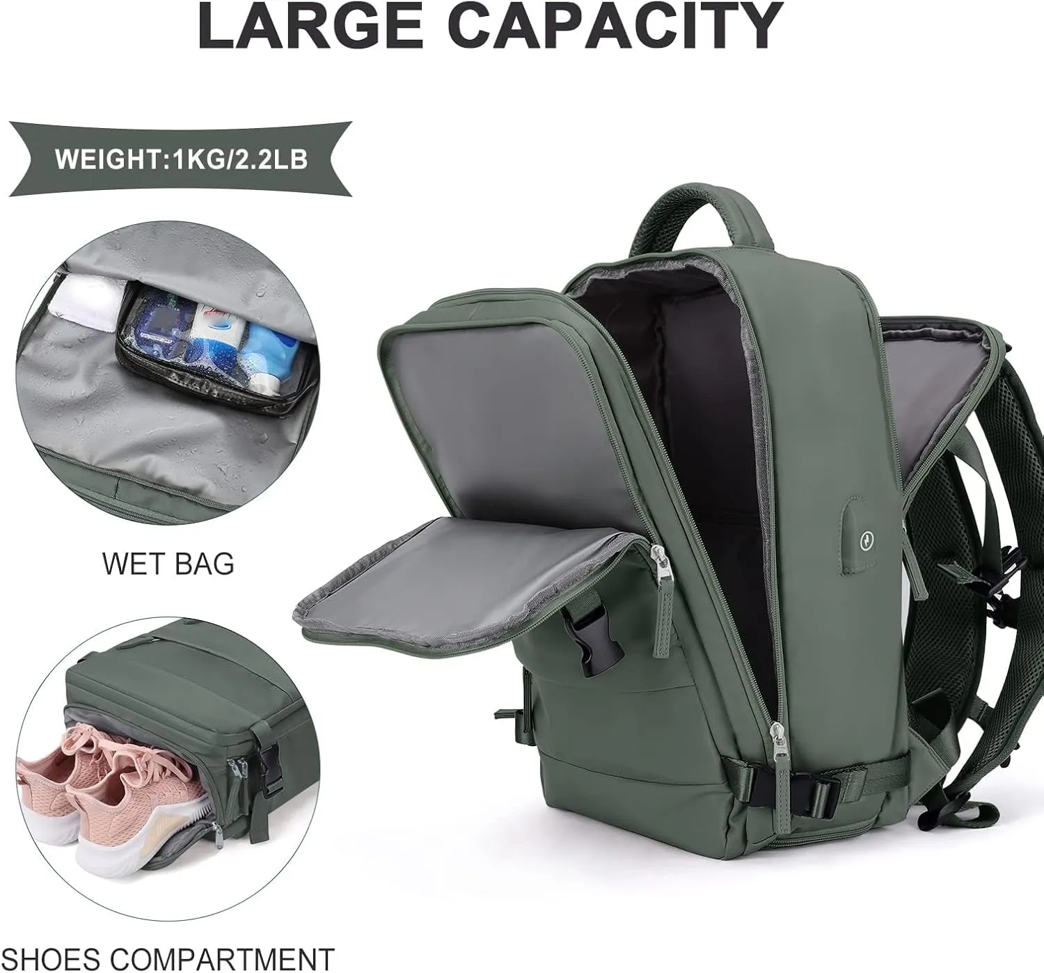 coowoz Large Travel Backpack For Women Men,Carry On Backpack,Hiking Backpack Waterproof Outdoor Sports Rucksack Casual Daypack Travel Essentials(Olive Green)