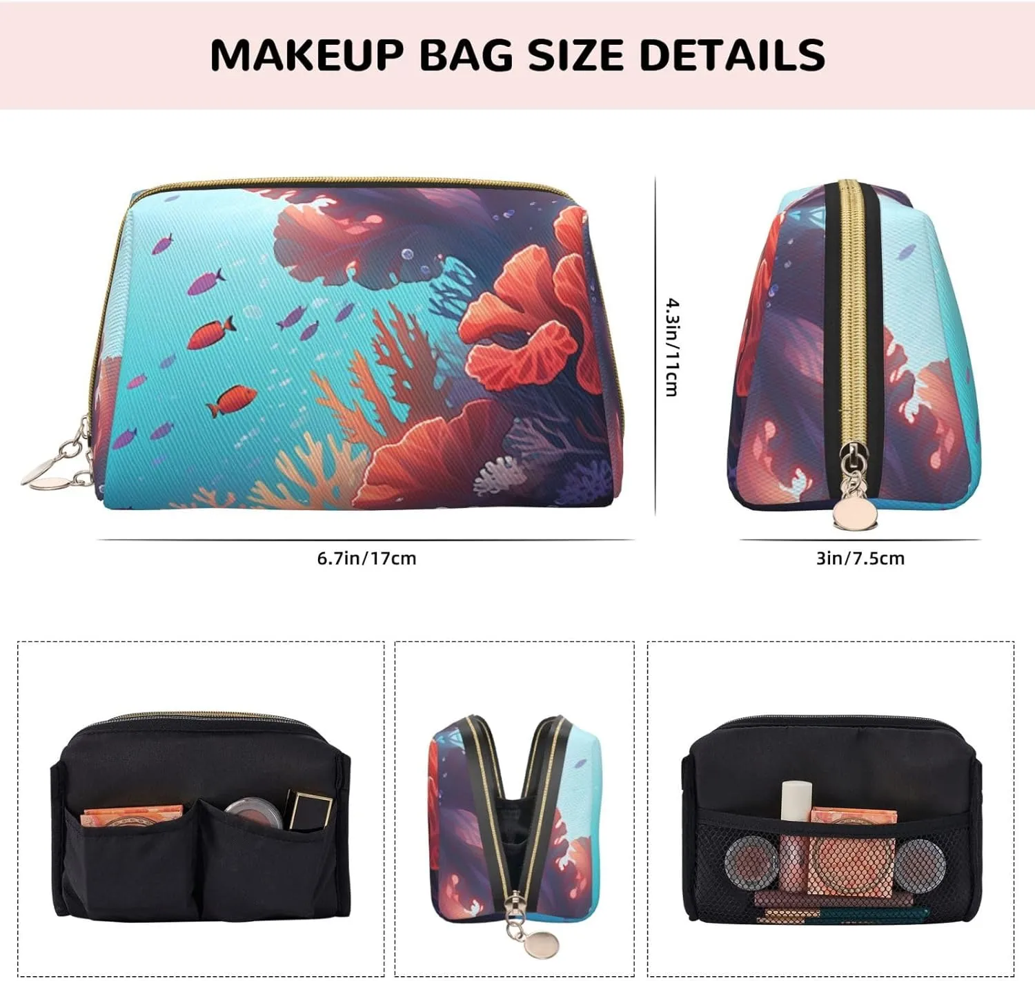 Coral Printed Small Makeup Bag,Travel Cosmetic Bag Purse with Zipper,Water-resistant Makeup Organizer Bag for Women