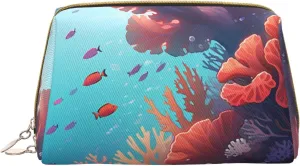 Coral Printed Small Makeup Bag,Travel Cosmetic Bag Purse with Zipper,Water-resistant Makeup Organizer Bag for Women