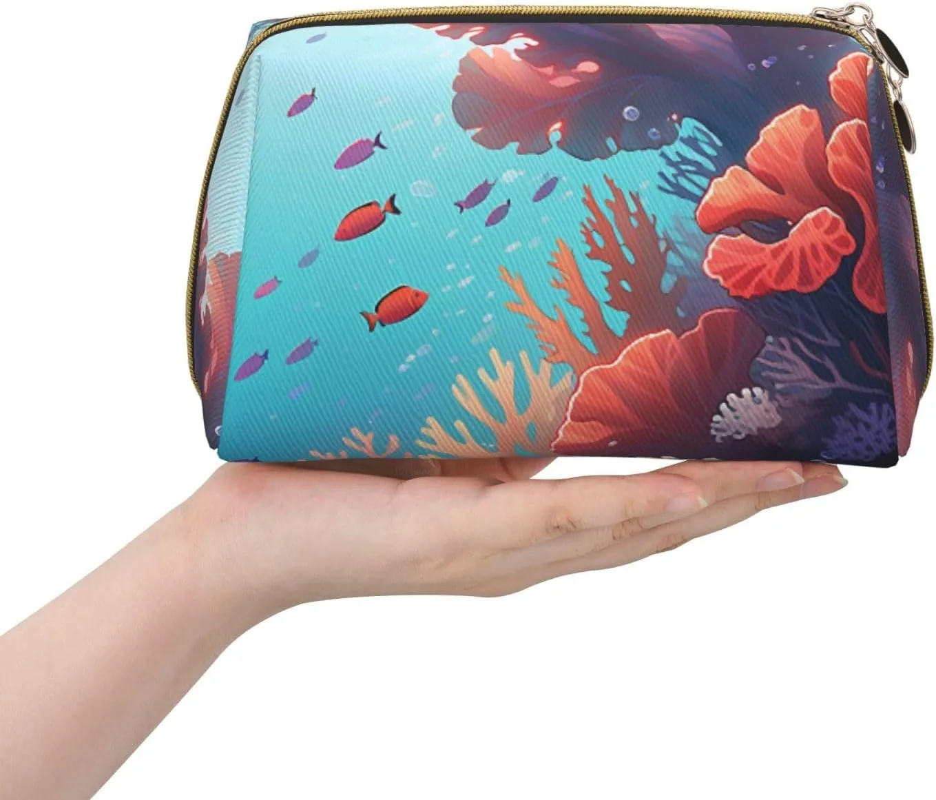 Coral Printed Small Makeup Bag,Travel Cosmetic Bag Purse with Zipper,Water-resistant Makeup Organizer Bag for Women
