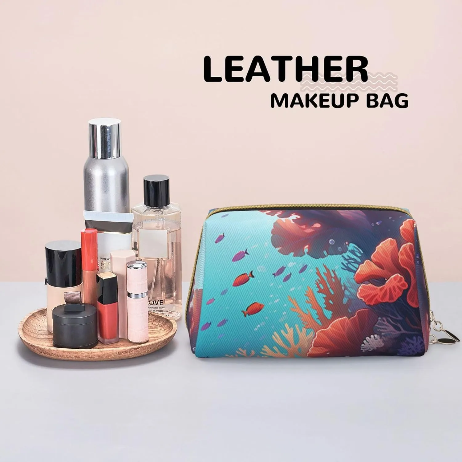 Coral Printed Small Makeup Bag,Travel Cosmetic Bag Purse with Zipper,Water-resistant Makeup Organizer Bag for Women