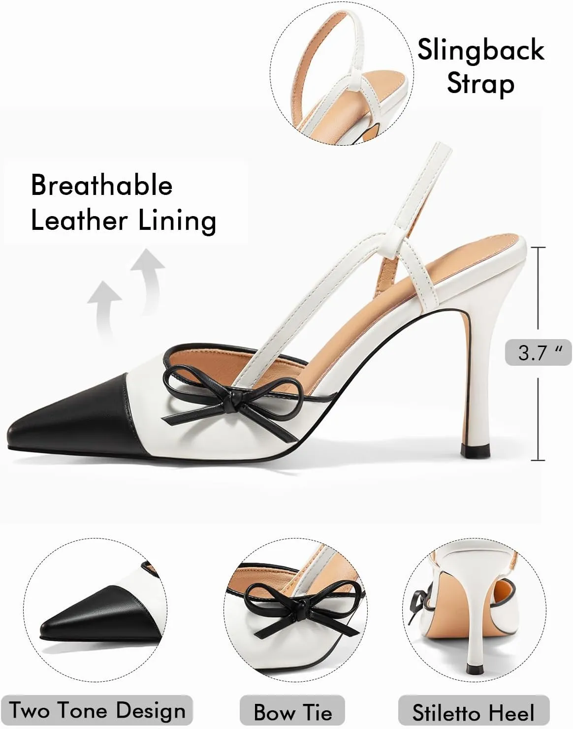 Coutgo Womens Slingback High Heels Bow Tie Closed Pointed Toe Sexy Stiletto Two Tone Dress Pumps Shoes