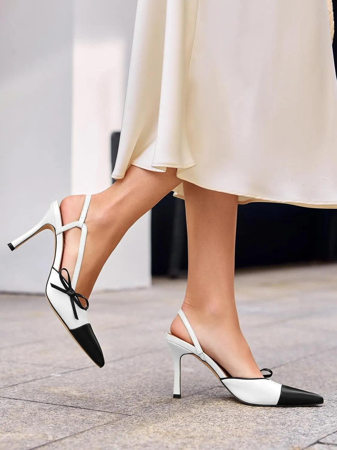 Coutgo Womens Slingback High Heels Bow Tie Closed Pointed Toe Sexy Stiletto Two Tone Dress Pumps Shoes