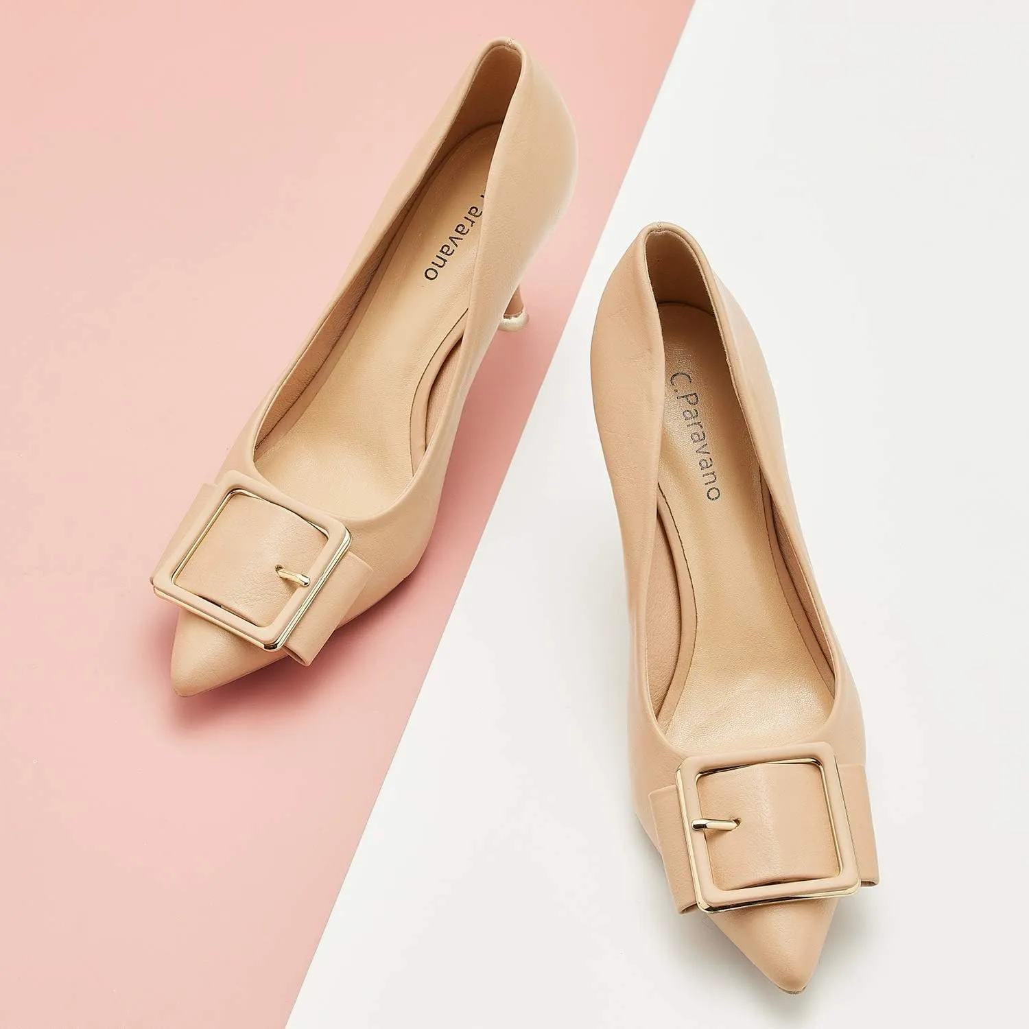 C.Paravano Women's Square Buckle Stiletto Pumps - Pointed Toe High Heels for Office Wear, Evening Parties, Weddings & Business Events