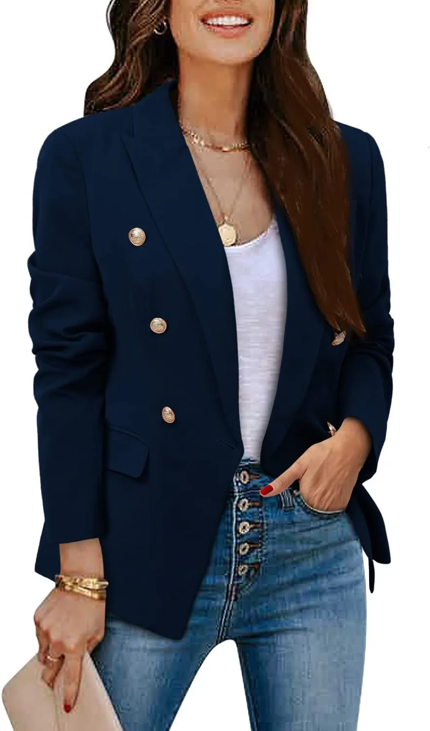 CRAZY GRID Womens Casual Blazer Jacket Gold Button Long Sleeve Work 0ffice Blazer Lapel Open Front Jacket