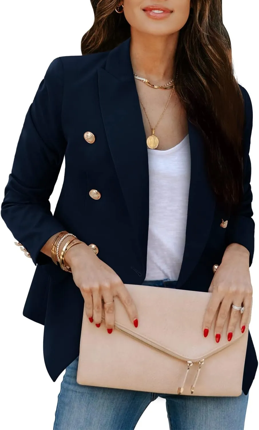 CRAZY GRID Womens Casual Blazer Jacket Gold Button Long Sleeve Work 0ffice Blazer Lapel Open Front Jacket